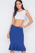 Blue Ribbed Knit Midi Skirt