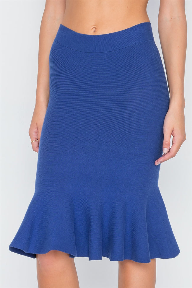 Blue Ribbed Knit Midi Skirt