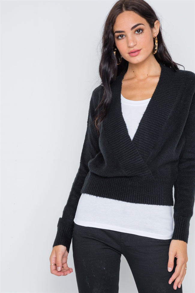 Black Knit Deep V-Neck Surplice Long Sleeve Sweater
