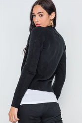 Black Knit Deep V-Neck Surplice Long Sleeve Sweater