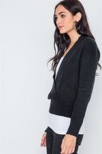 Black Knit Deep V-Neck Surplice Long Sleeve Sweater