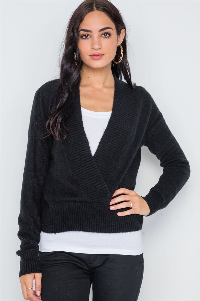 Black Knit Deep V-Neck Surplice Long Sleeve Sweater