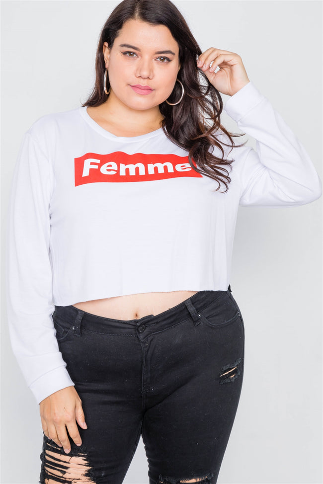 Plus Size White 'FEMME" Cozy Crop Sweater