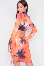 Orange Tie Dye Mock Neck Cut Out Long Sleeve & Mini Lace Up Slit Skirt Set