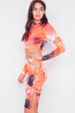 Orange Tie Dye Mock Neck Cut Out Long Sleeve & Mini Lace Up Slit Skirt Set
