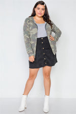 Plus Size Soft Camo Zip-Up Knit Hooded Sweater