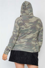 Plus Size Soft Camo Zip-Up Knit Hooded Sweater