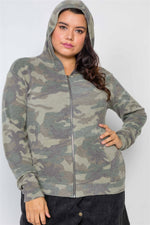 Plus Size Soft Camo Zip-Up Knit Hooded Sweater