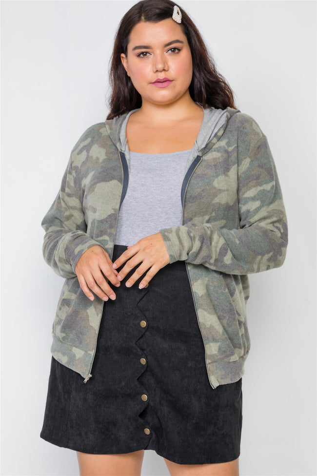 Plus Size Soft Camo Zip-Up Knit Hooded Sweater