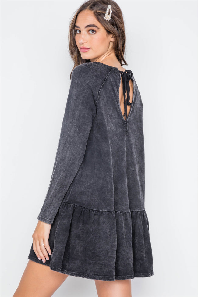 Black Casual Shirred Hem Long Sleeve Dress