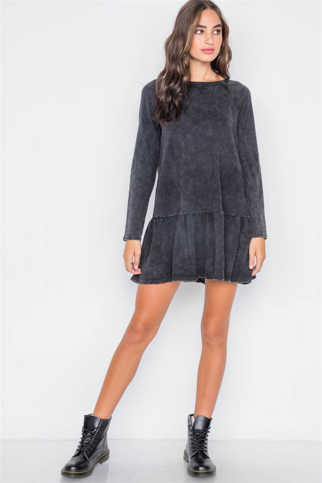 Black Casual Shirred Hem Long Sleeve Dress