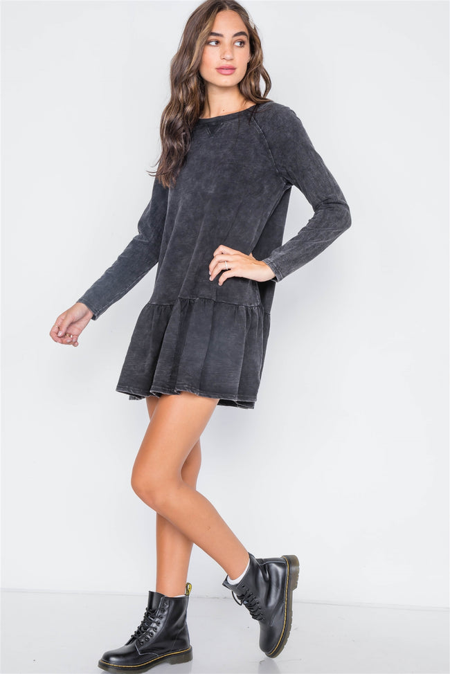 Black Casual Shirred Hem Long Sleeve Dress