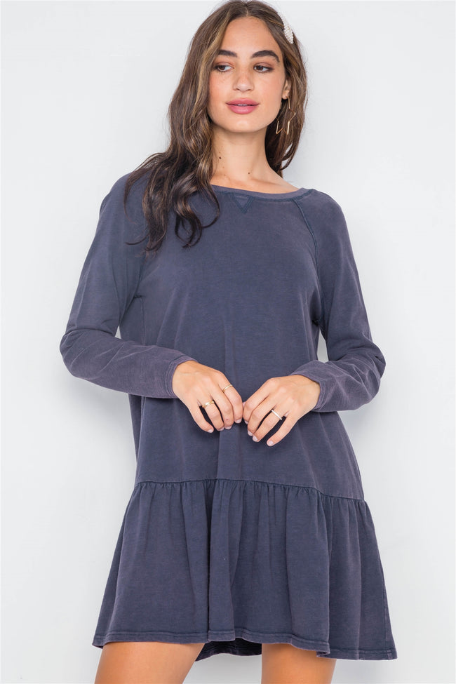 Navy Casual Shirred Hem Long Sleeve Dress