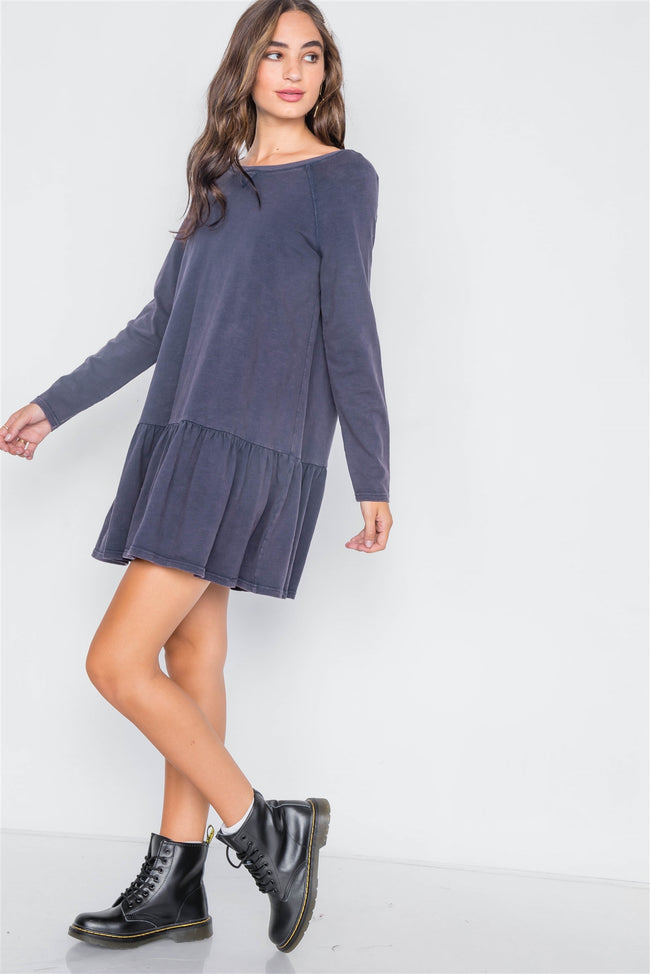 Navy Casual Shirred Hem Long Sleeve Dress