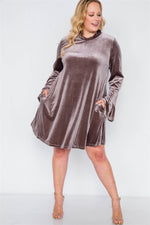 Plus Size Mocha Velvet Long Sleeve Mini Dress
