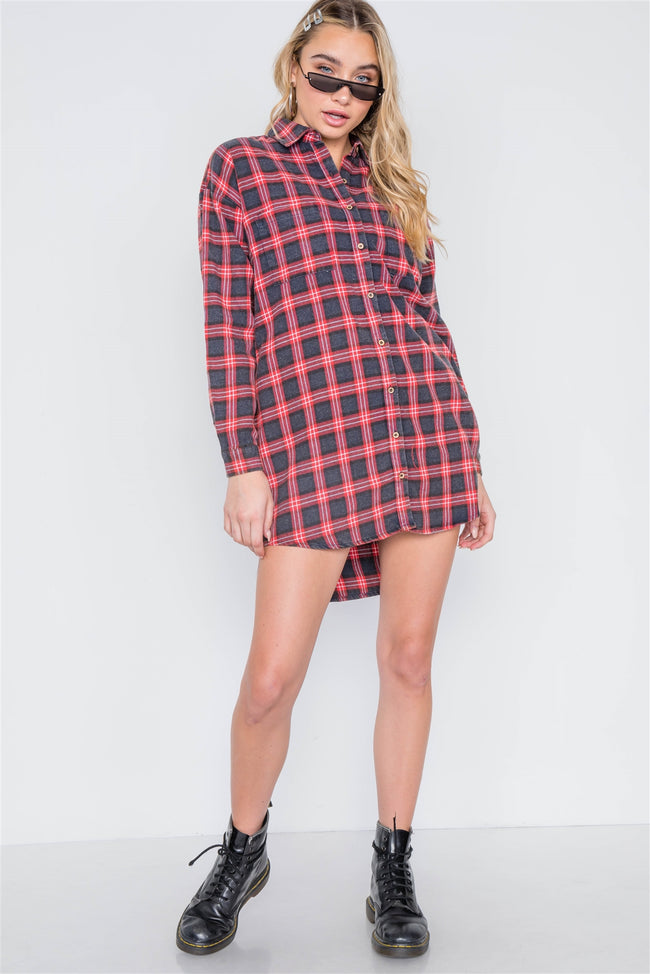 Red Plaid Button Down Long Sleeve Shirt Dress