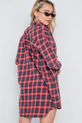 Red Plaid Button Down Long Sleeve Shirt Dress