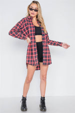 Red Plaid Button Down Long Sleeve Shirt Dress