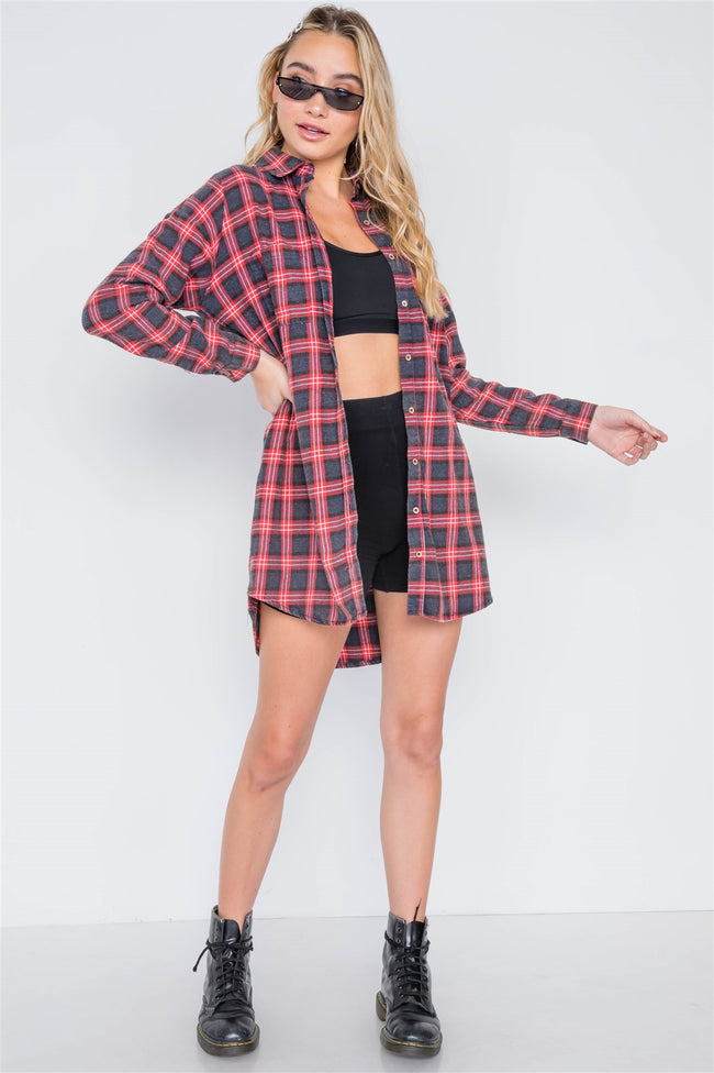 Red Plaid Button Down Long Sleeve Shirt Dress