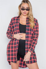 Red Plaid Button Down Long Sleeve Shirt Dress