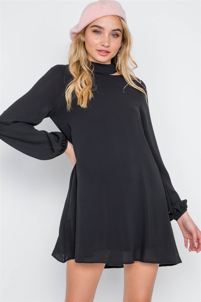 Black Cut-Out Neck Solid Long Sleeve Dress
