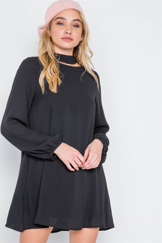 Black Cut-Out Neck Solid Long Sleeve Dress