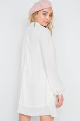 Off White Cut-Out Neck Solid Long Sleeve Dress