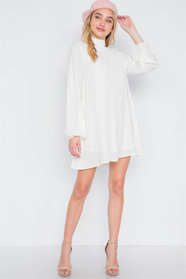 Off White Cut-Out Neck Solid Long Sleeve Dress