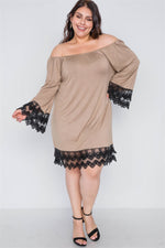Plus Size Mocha Off-The-Shoulder Lace Hem Dress