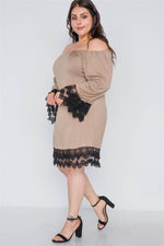 Plus Size Mocha Off-The-Shoulder Lace Hem Dress