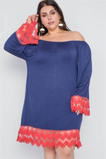 Plus Size Pink Navy Off-The-Shoulder Lace Hem Dress