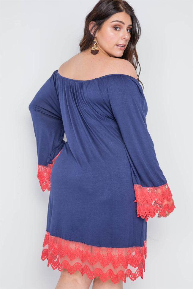 Plus Size Pink Navy Off-The-Shoulder Lace Hem Dress