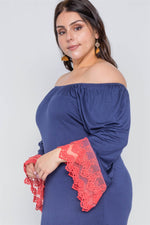 Plus Size Pink Navy Off-The-Shoulder Lace Hem Dress