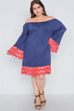 Plus Size Pink Navy Off-The-Shoulder Lace Hem Dress