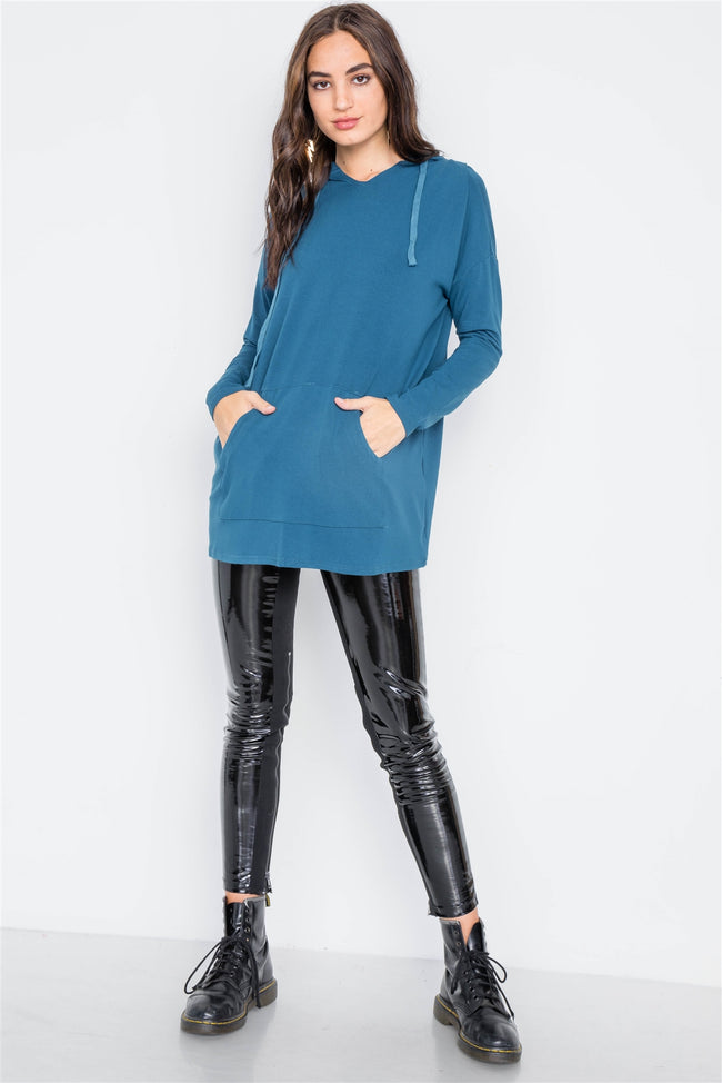 Teal Knit Long Sleeve Hooded Solid Sweater