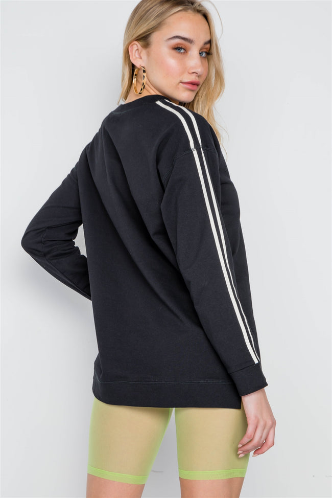 Black Contrast Trim Long Sleeve Side Slits Sweater
