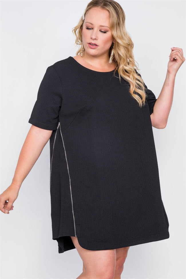 Plus Size Black Textured Short Sleeve Dress