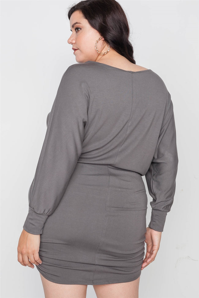 Plus Size Grey Batwing Basic Mini Dress