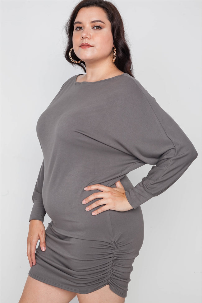 Plus Size Grey Batwing Basic Mini Dress