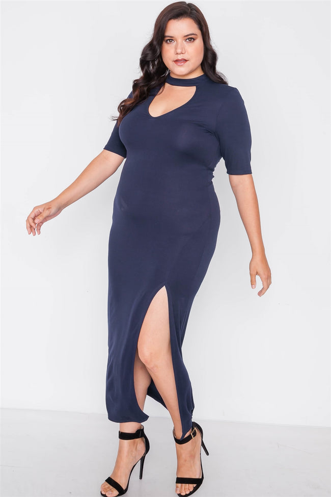 Plus Size Navy Side Slit Mock Neck Maxi Dress