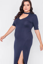 Plus Size Navy Side Slit Mock Neck Maxi Dress