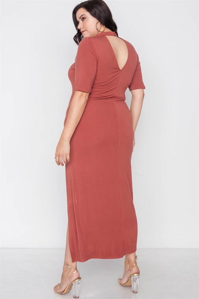 Plus Size Rust Site Slit Mock Neck Maxi Dress