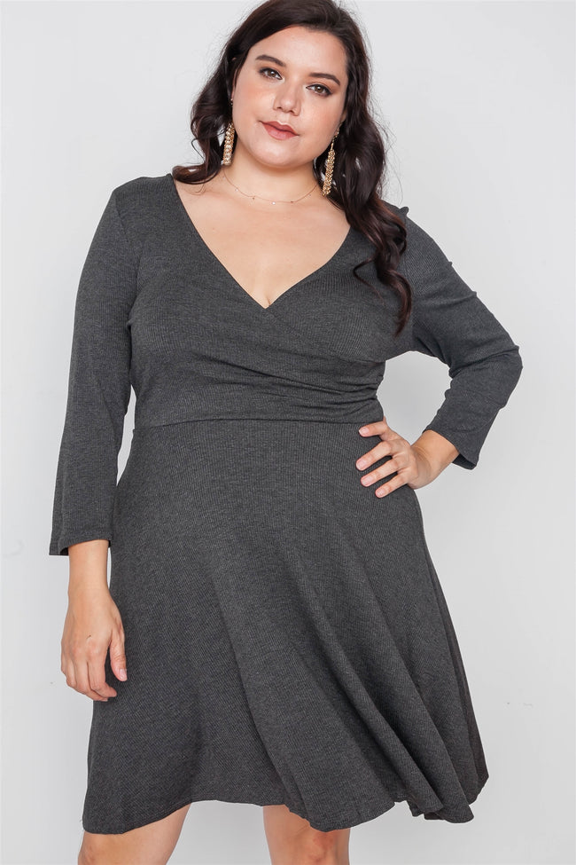 Plus Size Ribbed Charcoal V-Neck Dress