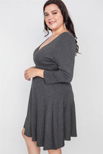 Plus Size Ribbed Charcoal V-Neck Dress