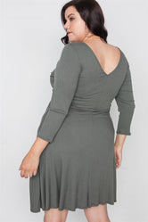 Plus Size Ribbed Military Olive V-Neck Dress