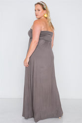 Plus Size Brown Solid Strapless Maxi Tube Dress