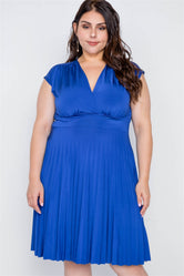 Plus Size Cobalt Pleat Accordion Fit & Flair Dress