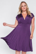 Plus Size Dark Purple Pleat Accordion Fit & Flair Dress