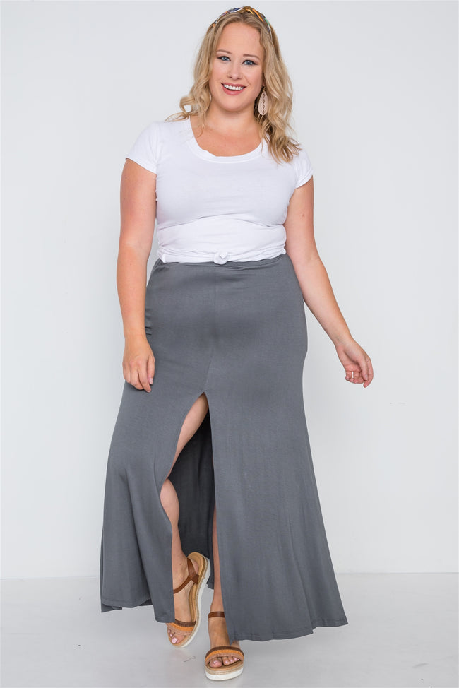 Plus Size Charcoal Basic Front Slit Maxi Skirt