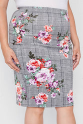 Plus Size Check Rose Print Pencil Skirt